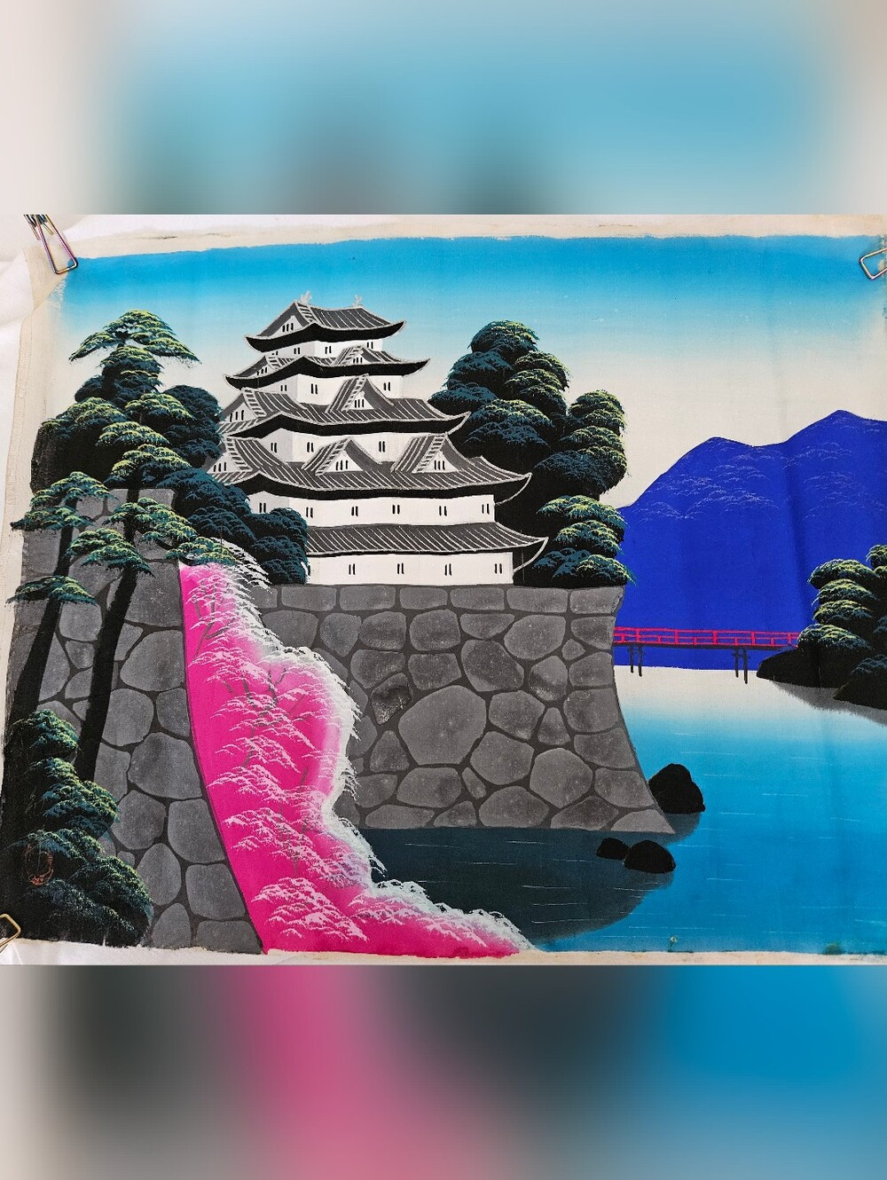 Vintage 1950's Original Asian Silk Painting Unframed 14 X 18 Inch
